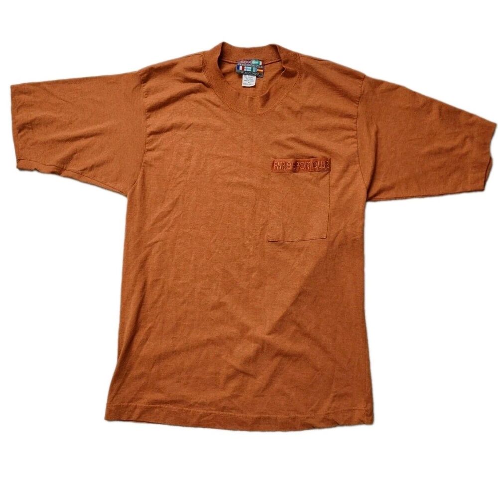 VTG Paris Sports Club Brown Lightweight Pocket Shirt Short Sleeve Mens Sz M GUC